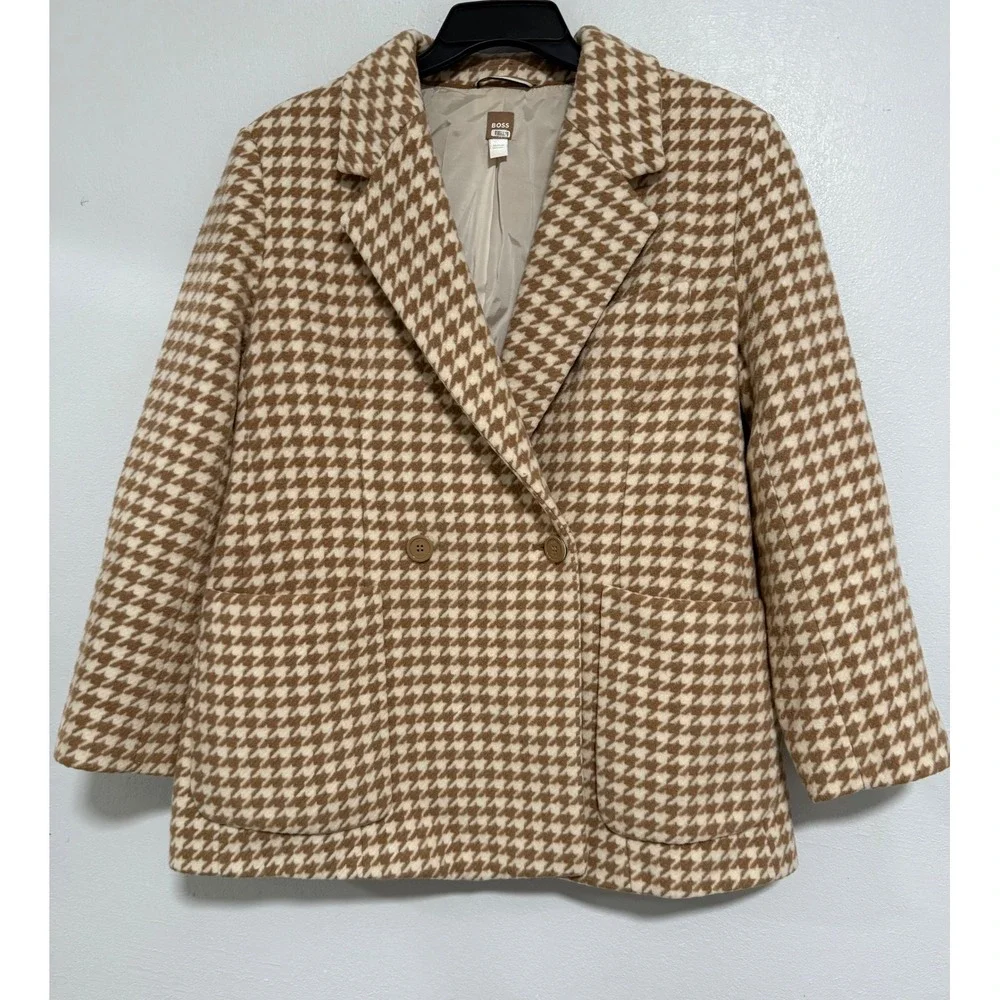 BOSS Houndstooth‎ Double Breasted Blazer Women Size 8 Camel Tan Excellent Luxury